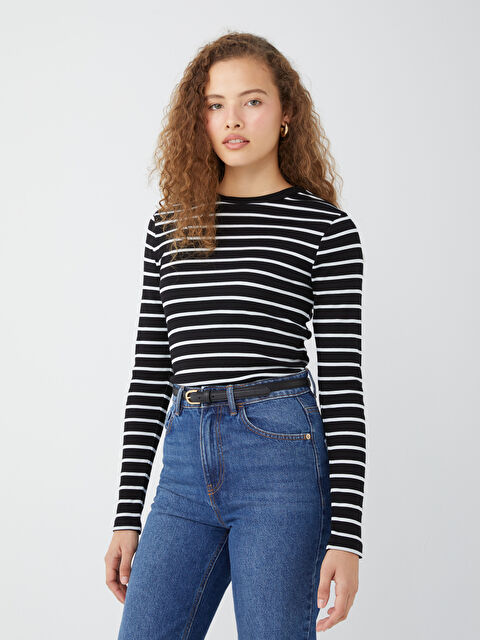 LCWAIKIKI Basic Bisiklet Yaka Çizgili Uzun Kollu Kadın Tişört - W3HH06Z8-LEG