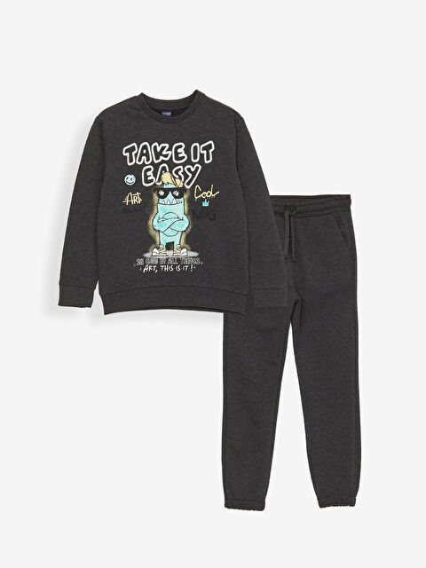 LCW Kids Bisiklet Yaka Baskılı Uzun Kollu Erkek Çocuk Sweatshirt ve Eşofman Altı - W3HI67Z4-DW2