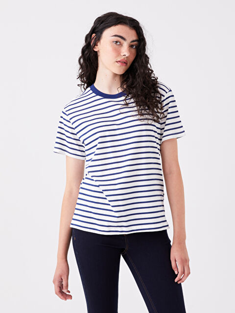 LCW Vision Bisiklet Yaka Çizgili Kısa Kollu Kadın Tişört - W3HJ25Z8-LGS