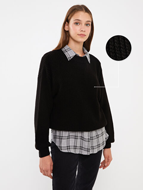 LCW Vision كنزة صوفية تريكو فضفاضة واسعة الحجم بياقة دائرية للنساء - W3HJ79Z8-CVL