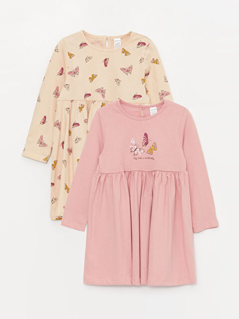 LCW baby Bisiklet Yaka Uzun Kollu Baskılı Kız Bebek Elbise 2'li - W3HM78Z1-FFK