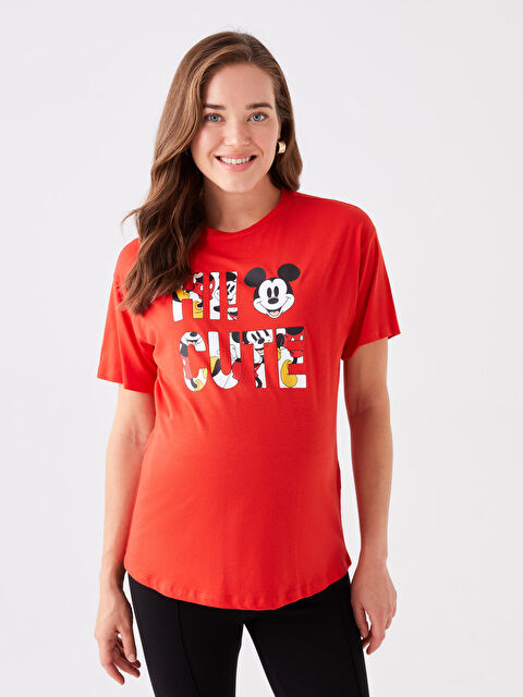 LCWAIKIKI Maternity Bisiklet Yaka Mickey Mouse Baskılı Kısa Kollu Hamile Tişört - W3HO84Z8-R21