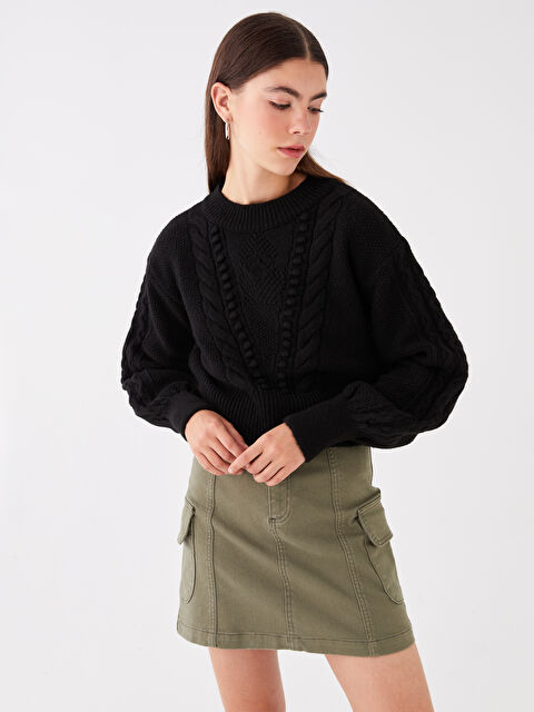 XSIDE Bisiklet Yaka Kendinden Desenli Uzun Kollu Kadın Triko Kazak - W3HR32Z8-CVL