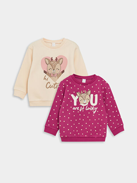 LCW baby Bisiklet Yaka Uzun Kollu Baskılı Kız Bebek Sweatshirt 2'li - W3HR80Z1-FRT