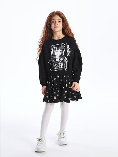 LCW Kids Crew Neck Printed Long Sleeve Girls' Dress - W3HT90Z4-CVL