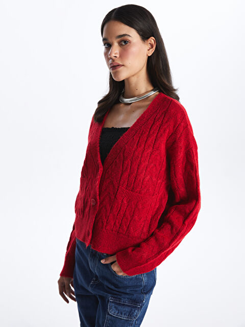 LCW Vision V Yaka Kendinden Desenli Uzun Kollu Kadın Triko Hırka - W3HV76Z8-HMW