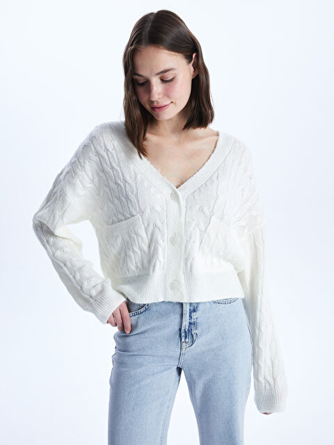 LCW Vision V Yaka Kendinden Desenli Uzun Kollu Kadın Triko Hırka - W3HV76Z8-V7F