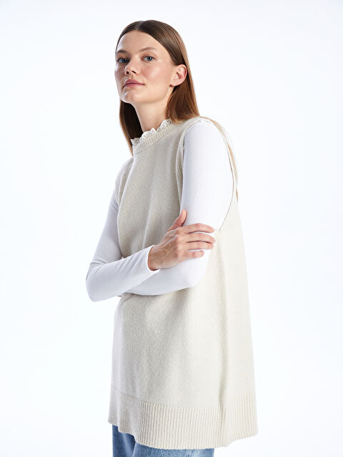 LCW Modest Kadın Fırfırlı Dik Yaka Düz Triko Süveter - W3HY01Z8-R9J