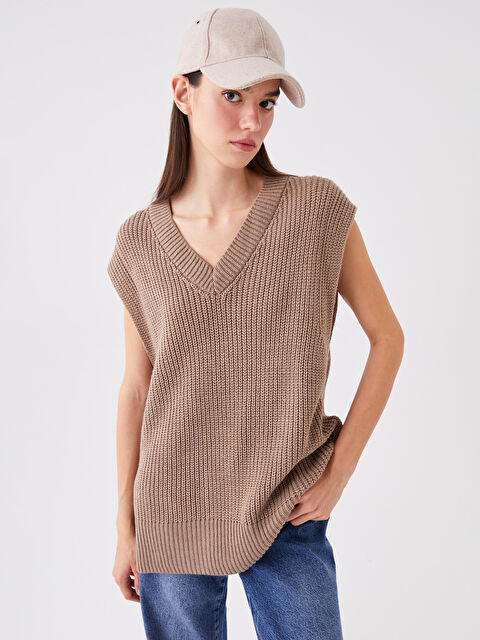 LCW Vision V Yaka Kendinden Desenli Kadın Triko Süveter - W3I399Z8-GCM