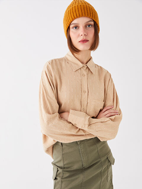 LCW Vision Çizgili Uzun Kollu Oversize Kadın Gömlek - W3IF35Z8-LE8