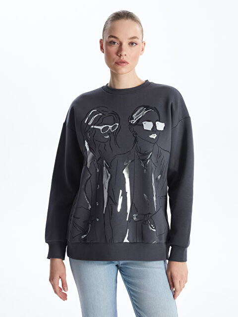 LCW Vision Bisiklet Yaka Baskılı Uzun Kollu Kadın Sweatshirt - W3II71Z8-JPT