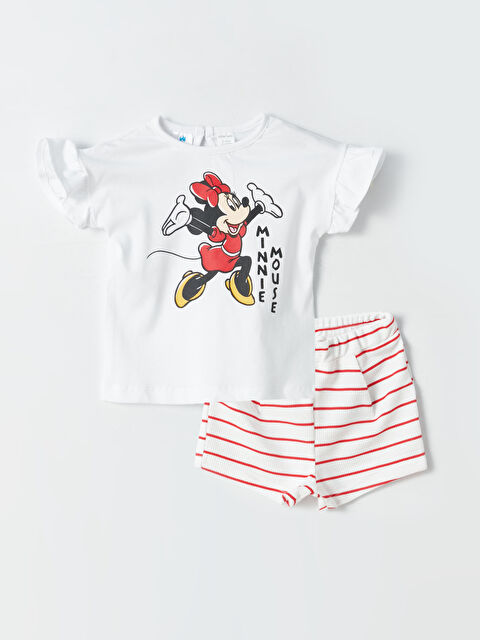 LCW baby Crew Neck Short Sleeve Minnie Mouse Printed Baby Girl T-Shirt and Shorts 2-Piece Set - W3IK32Z1-FDU