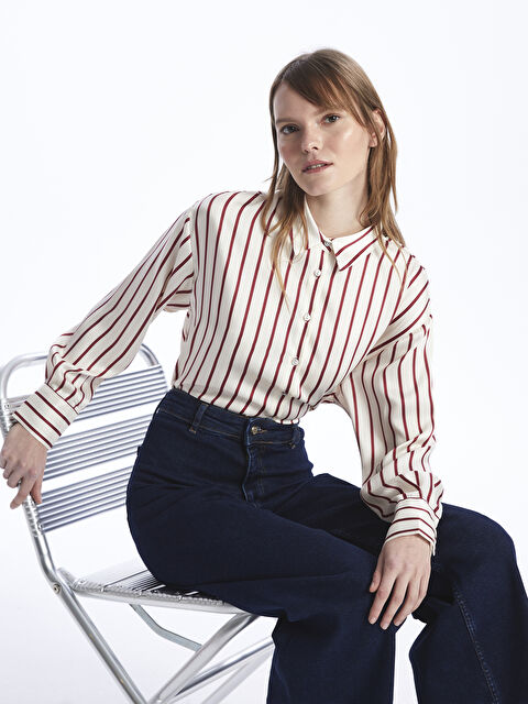 LCW Vision Çizgili Uzun Kollu Oversize Kadın Saten Gömlek - W3IM78Z8-LJF