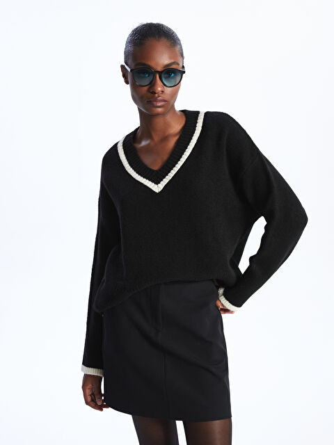 LCW Vision V Yaka Oversize Kadın Triko Kazak - W3IN50Z8-CVL