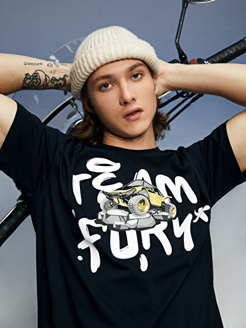 Team Fury Oversize Bisiklet Yaka Kısa Kollu Baskılı Penye Erkek Tişört