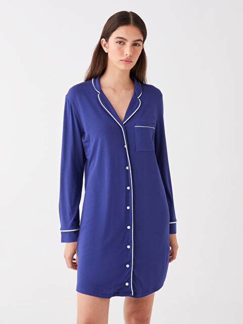 LCW DREAM Gömlek Yaka Düz Uzun Kollu Kadın Gecelik - W3IO08Z8-HLY