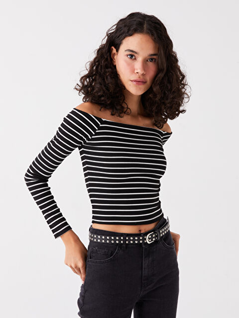 XSIDE Kayık Yaka Çizgili Uzun Kollu Kadın Tişört - W3IO76Z8-CVL
