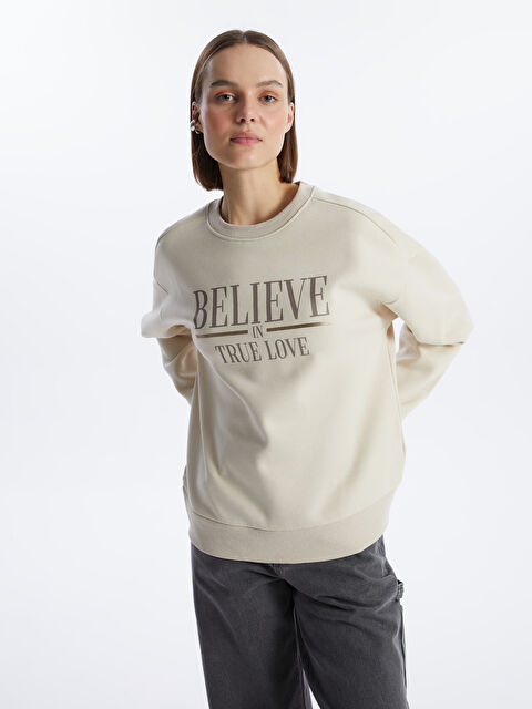 LCW Vision Bisiklet Yaka Baskılı Uzun Kollu Oversize Kadın Sweatshirt - W3IQ20Z8-VHM