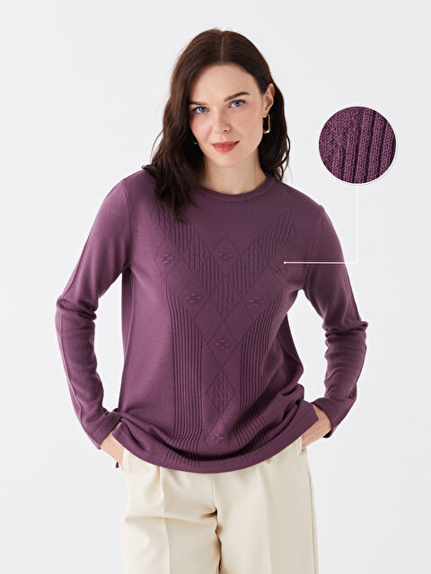 LCW Grace Bisiklet Yaka Kendinden Desenli Uzun Kollu Kadın Triko Kazak - W3IS02Z8-V7X