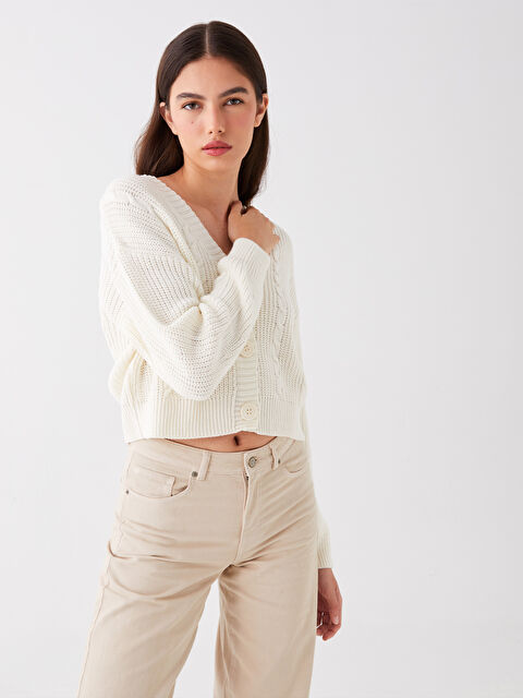 LCW Vision V Yaka Kendinden Desenli Uzun Kollu Kadın Triko Hırka - W3IU10Z8-RFC