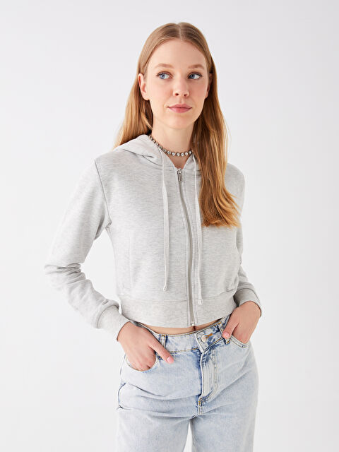 LCW Vision Kapüşonlu Düz Crop Kadın Kalın Fermuarlı Sweatshirt - W3IU11Z8-LAL