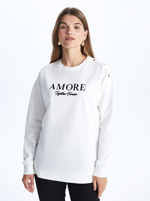 LCWAIKIKI Basic Bisiklet Yaka Baskılı Uzun Kollu Oversize Kadın Sweatshirt - W3IV27Z8-R9J