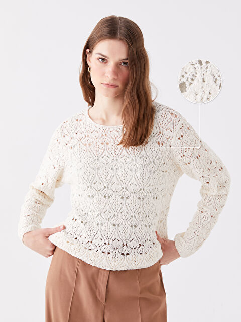 LCWAIKIKI Basic Bisiklet Yaka Ajurlu Uzun Kollu Kadın Triko Kazak - W3J131Z8-R9J