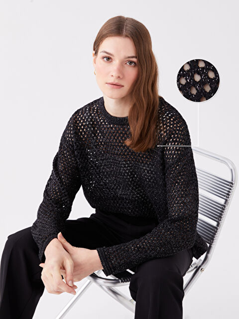 LCWAIKIKI Basic Bisiklet Yaka Ajurlu Uzun Kollu Oversize Kadın Triko Kazak - W3J132Z8-CVL