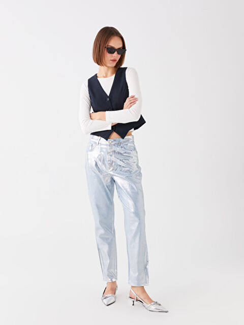 LCW Vision Yüksek Bel Mom Fit Kadın Metalik Jean Pantolon - W3J141Z8-GRD