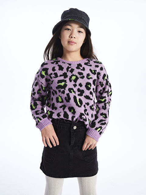 LCW Kids Bisiklet Yaka Desenli Uzun Kollu Kız Çocuk Triko Kazak - W3J265Z4-MLV