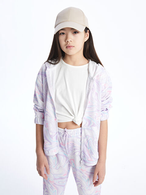 LCW Kids Kapüşonlu Batik Desenli Uzun Kollu Kız Çocuk Fermuarlı Sweatshirt - W3J288Z4-LSC