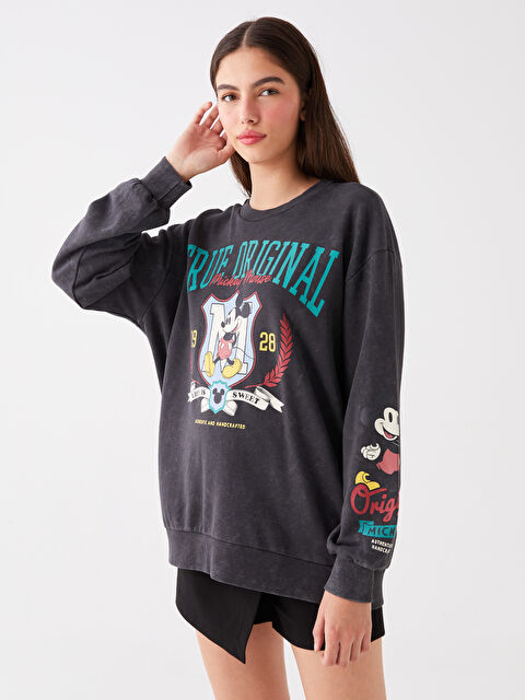 LCW Vision Bisiklet Yaka Mickey Mouse Baskılı Uzun Kollu Oversize Kadın Sweatshirt - W3J428Z8-VZ8