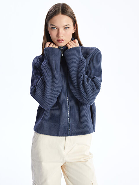 LCW Vision Dik Yaka Düz Uzun Kollu Kadın Triko Hırka - W3J638Z8-GYR