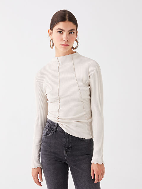 LCW Vision Dik Yaka Düz Uzun Kollu Kadın Tişört - W3J664Z8-FXP