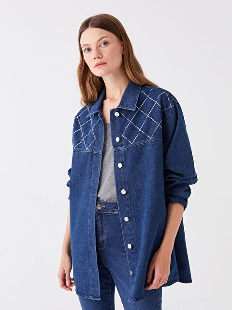 LCWAIKIKI Basic Gömlek Yaka Taşlı Uzun Kollu Kadın Jean Tunik - W3J811Z8-H45