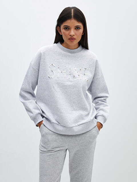 LCW Vision Bisiklet Yaka Baskılı Oversize Kadın Kalın Sweatshirt - W3J877Z8-847