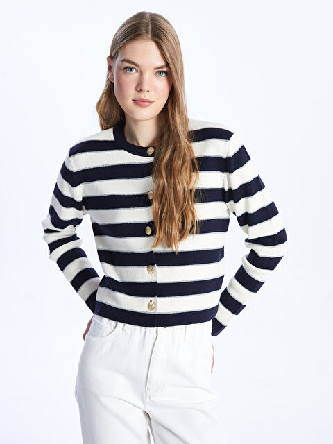 LCW Vision Bisiklet Yaka Renk Bloklu Kadın Triko Hırka - W3J885Z8-LGS