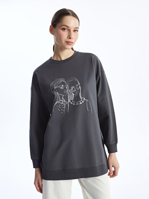 LCW Modest Bisiklet Yaka Baskılı Uzun Kollu Kadın Sweatshirt Tunik - W3J948Z8-VBE