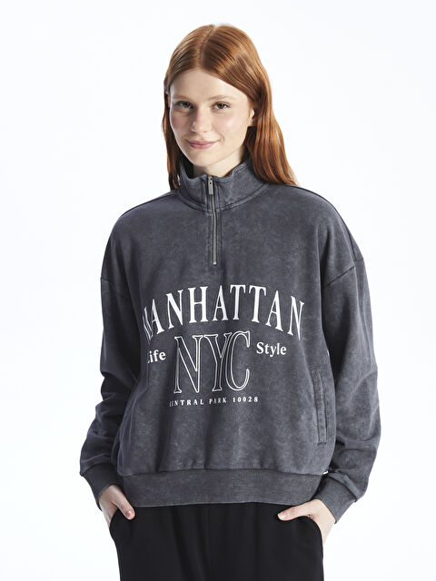 XSIDE Dik Yaka Baskılı Oversize Kadın Kalın Sweatshirt - W3JB73Z8-VDL