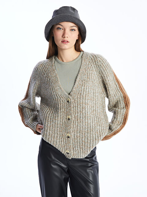 LCW Vision V Yaka Kendinden Desenli Kadın Triko Hırka - W3JC64Z8-E6V