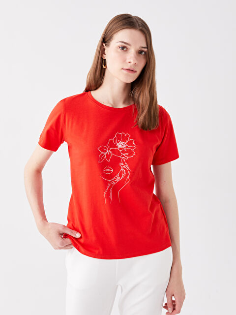 LCWAIKIKI Basic Bisiklet Yaka Baskılı Kısa Kollu Kadın Tişört - W3JC69Z8-GYE