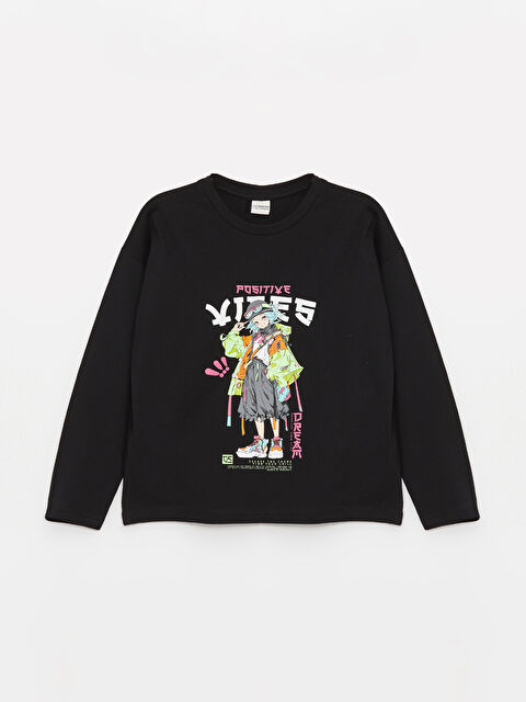 LCW Kids Bisiklet Yaka Baskılı Uzun Kollu Kız Çocuk Tişört - W3JC83Z4-CVL