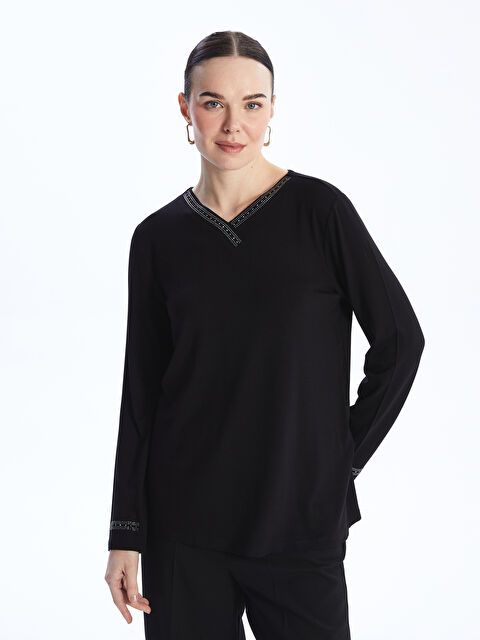 LCW Grace V Yaka Taşlı Uzun Kollu Kadın Bluz - W3JF68Z8-CVL