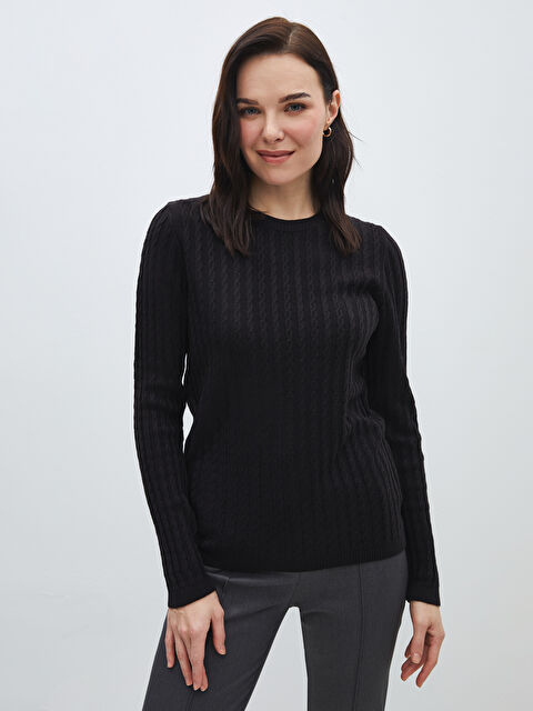 LCWAIKIKI Basic Bisiklet Yaka Kendinden Desenli Kadın Triko Kazak - W3JF72Z8-CVL