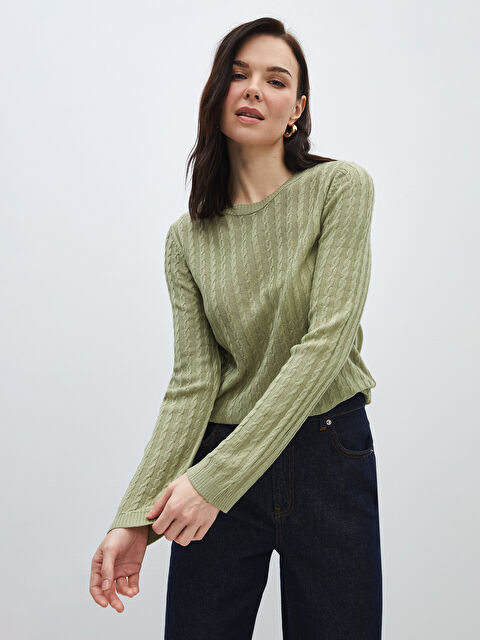 LCWAIKIKI Basic Bisiklet Yaka Kendinden Desenli Kadın Triko Kazak - W3JF72Z8-GMG