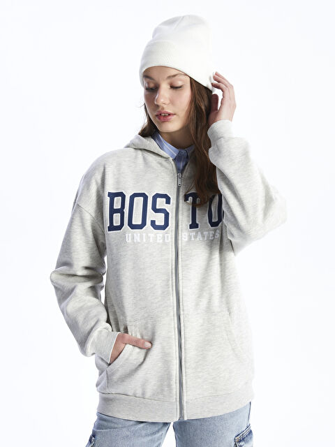 XSIDE Kapüşonlu Baskılı Oversize Kadın Kalın Fermuarlı Sweatshirt - W3JF77Z8-LAL