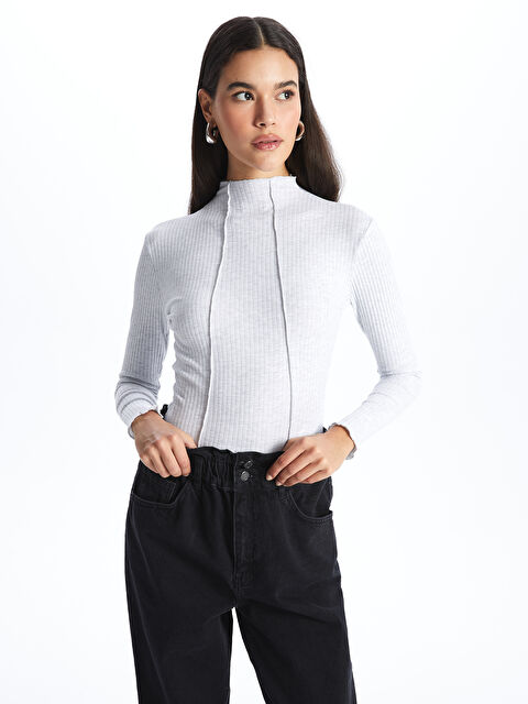 LCW Vision Dik Yaka Düz Uzun Kollu Kadın Tişört - W3JF97Z8-LAL