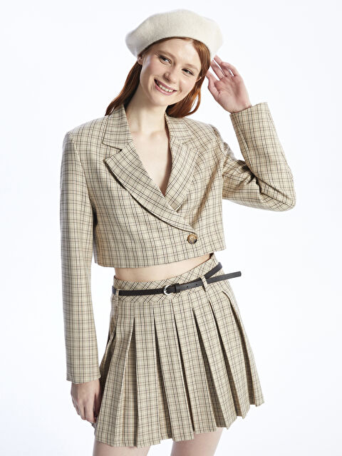 XSIDE Ekose Uzun Kollu Crop Kadın Blazer Ceket - W3JG14Z8-LKQ