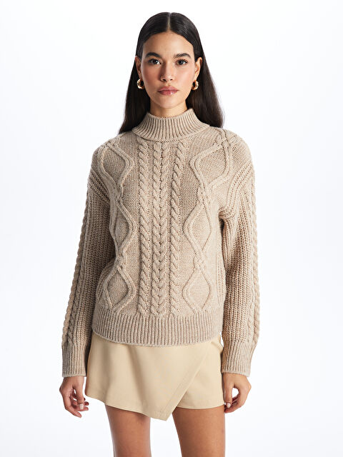 LCW Vision Yarım Balıkçı Yaka Kendinden Desenli Uzun Kollu Kadın Triko Kazak - W3JG91Z8-LDZ