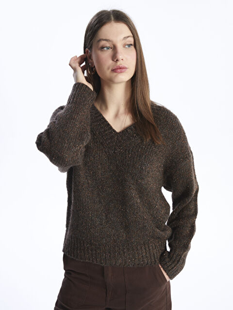 XSIDE V Yaka Düz Uzun Kollu Kadın Triko Kazak - W3JH65Z8-YA1